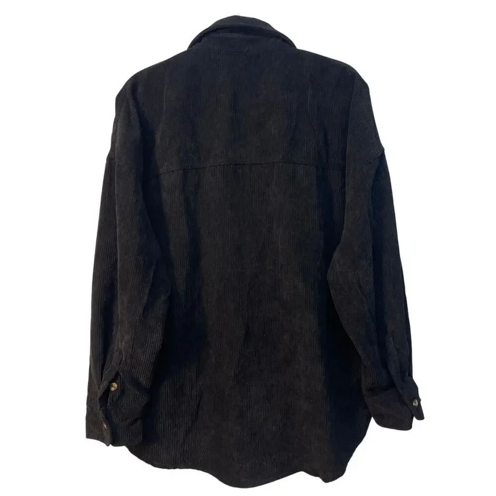 Men's Long Sleeve Low Shoulder Corduroy‎ Button Up Black Shirt Size XL